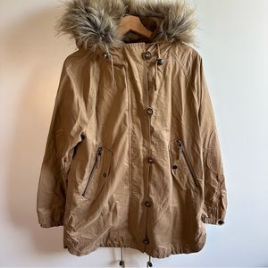 Zara Basic Jacket Hooded Faux Fur Tan Medium